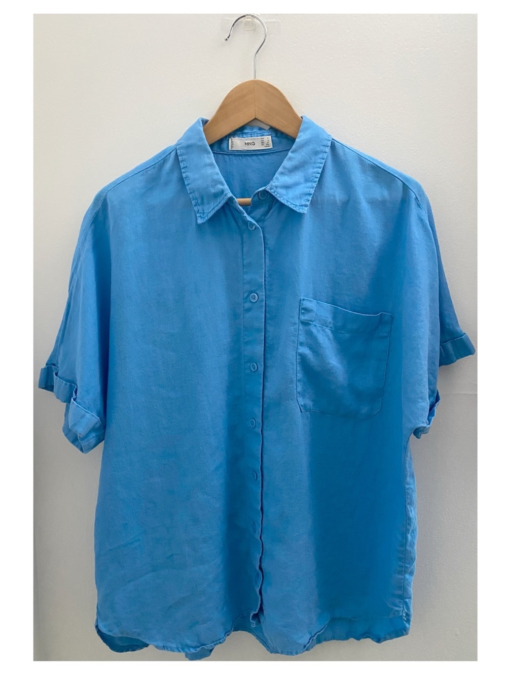 Mango 100% Linen Sky Blue Short-Sleeve Button-Up Shirt Size XL